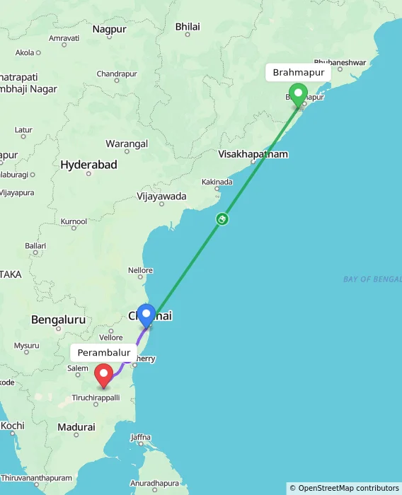 Route map showing distance and travel time from Brahmapur, India to Perambalur, India