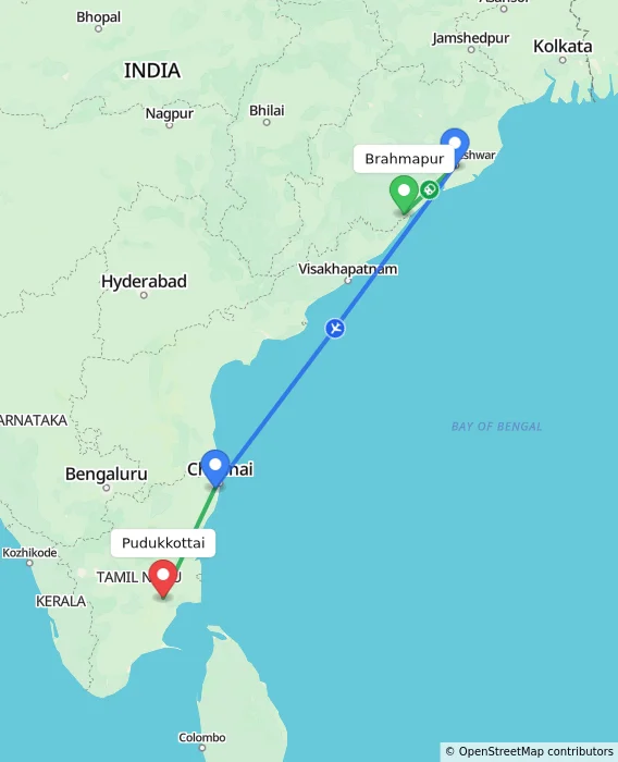 Route map showing distance and travel time from Brahmapur, India to Pudukkottai, India