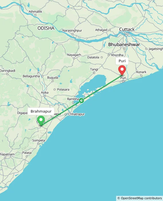 Route map showing distance and travel time from Brahmapur, India to Puri, India
