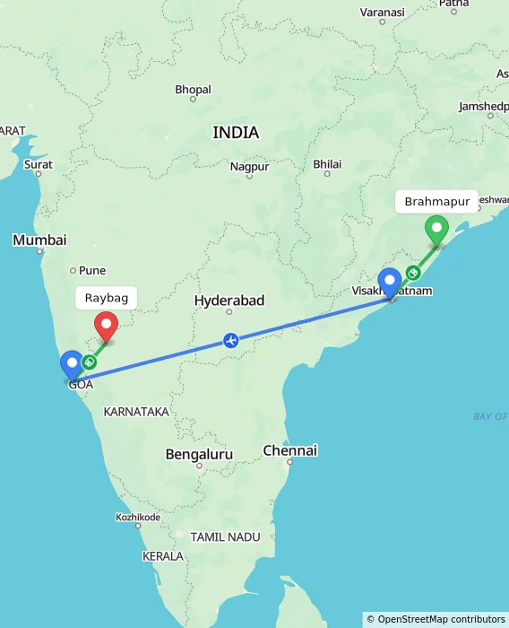 Route map showing distance and travel time from Brahmapur, India to Raybag, India