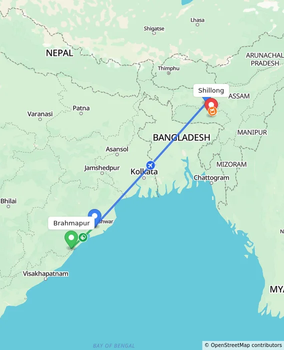Route map showing distance and travel time from Brahmapur, India to Shillong, India