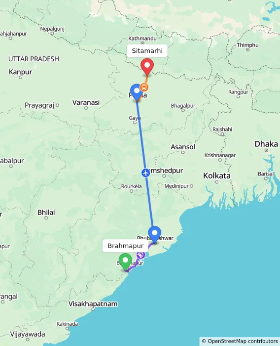 Route map showing distance and travel time from Brahmapur, India to Sitamarhi, India