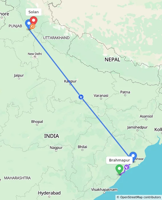 Route map showing distance and travel time from Brahmapur, India to Solan, India