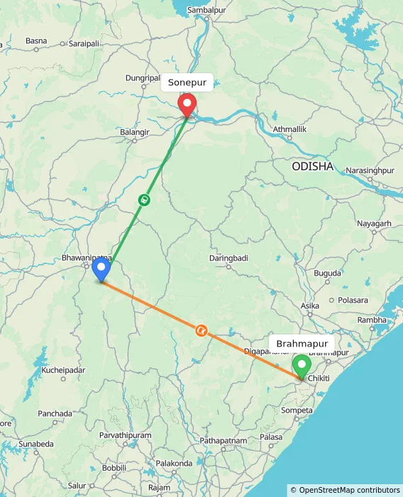 Route map showing distance and travel time from Brahmapur, India to Sonepur, India