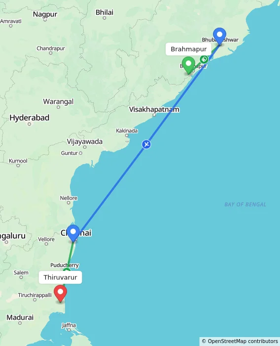 Route map showing distance and travel time from Brahmapur, India to Thiruvarur, India