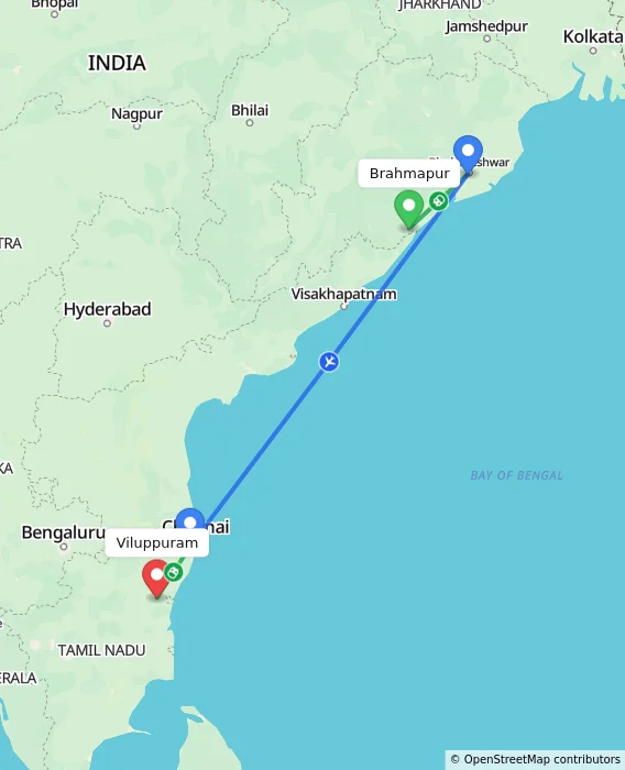 Route map showing distance and travel time from Brahmapur, India to Viluppuram, India