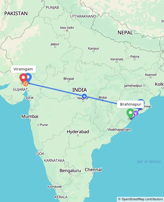 Route map showing distance and travel time from Brahmapur, India to Viramgam, India