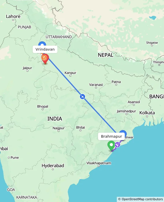 Route map showing distance and travel time from Brahmapur, India to Vrindavan, India