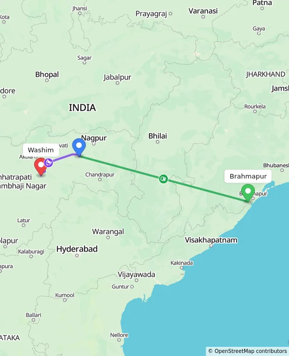 Route map showing distance and travel time from Brahmapur, India to Washim, India