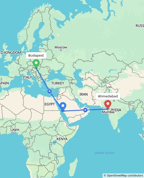 Route map showing distance and travel time from Budapest, Hungary to Ahmedabad, India