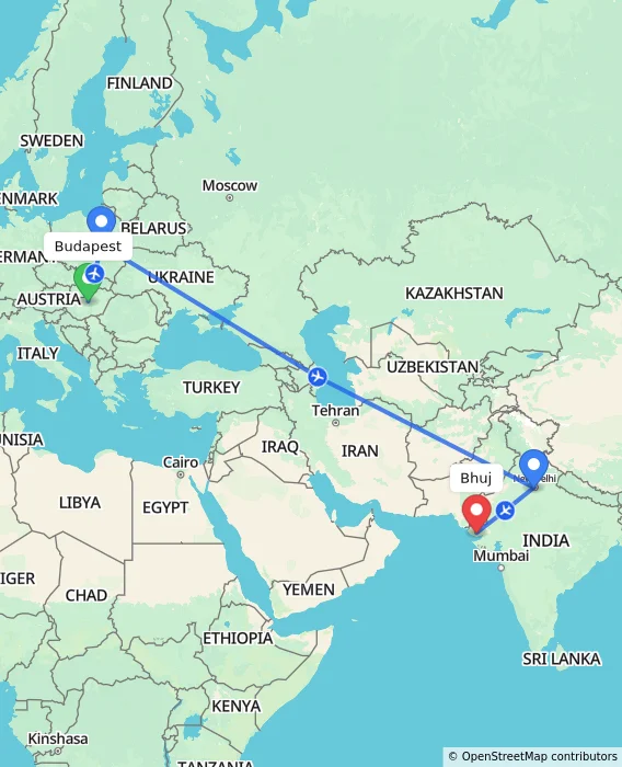 Route map showing distance and travel time from Budapest, Hungary to Bhuj, India