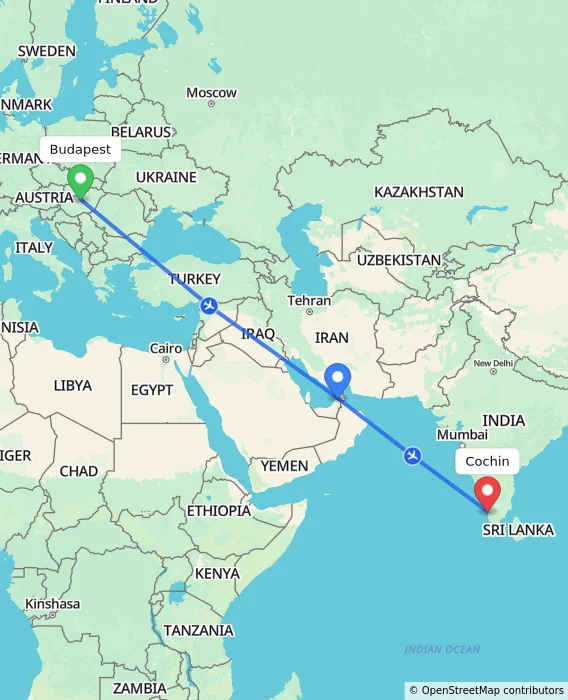 Route map showing distance and travel time from Budapest, Hungary to Cochin, India