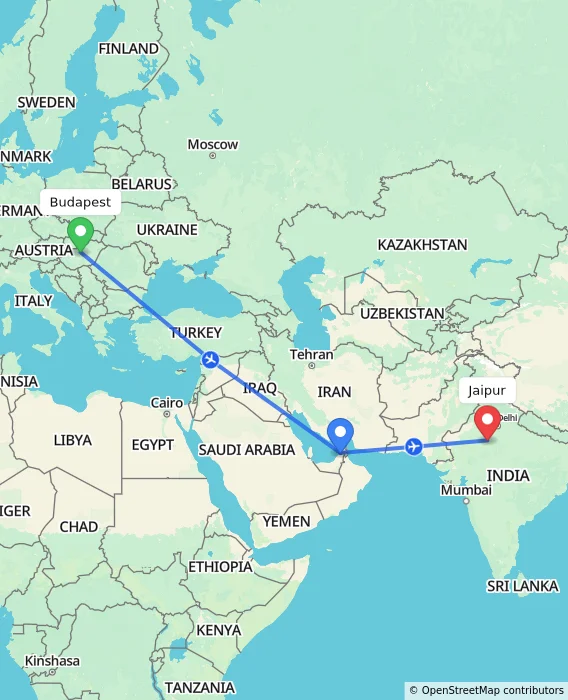 Route map showing distance and travel time from Budapest, Hungary to Jaipur, India