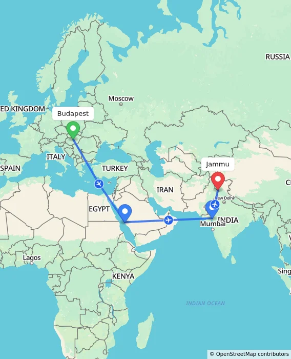Route map showing distance and travel time from Budapest, Hungary to Jammu, India