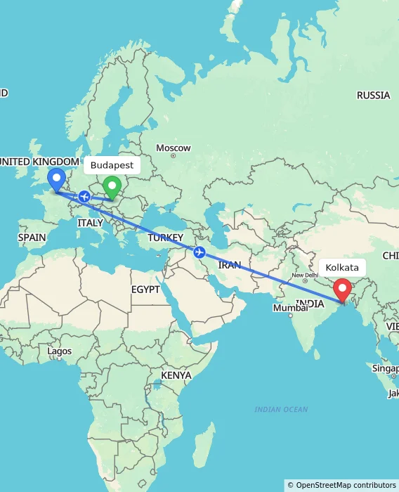 Route map showing distance and travel time from Budapest, Hungary to Kolkata, India
