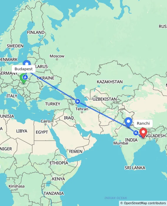 Route map showing distance and travel time from Budapest, Hungary to Ranchi, India