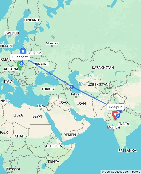 Route map showing distance and travel time from Budapest, Hungary to Udaipur, India