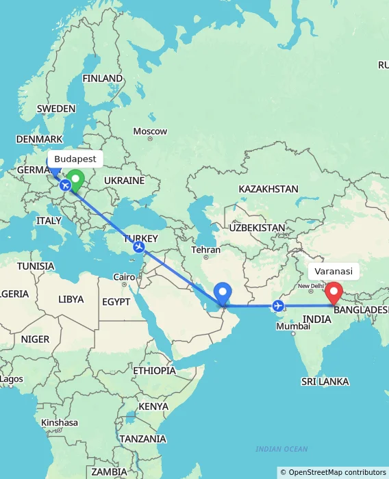 Route map showing distance and travel time from Budapest, Hungary to Varanasi, India