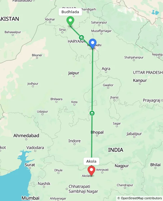 Route map showing distance and travel time from Budhlada, India to Akola, India
