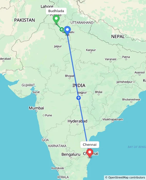 Route map showing distance and travel time from Budhlada, India to Chennai, India