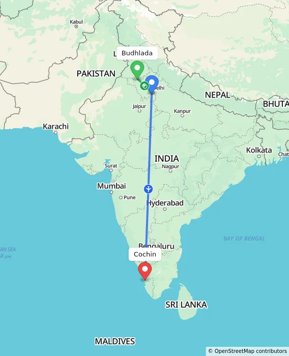 Route map showing distance and travel time from Budhlada, India to Cochin, India