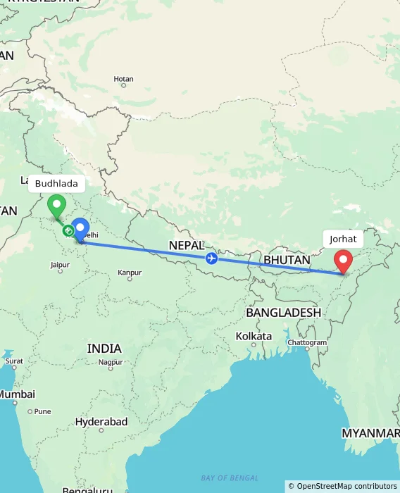 Route map showing distance and travel time from Budhlada, India to Jorhat, India