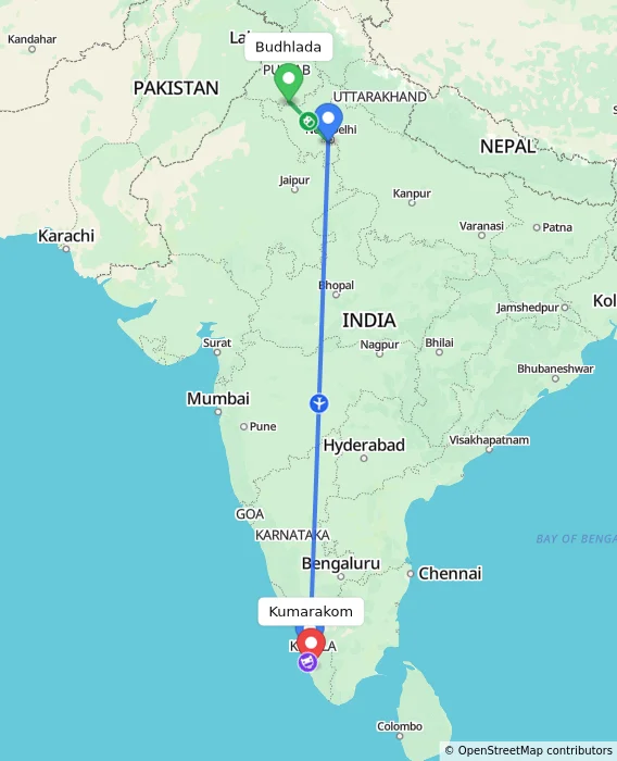 Route map showing distance and travel time from Budhlada, India to Kumarakom, India
