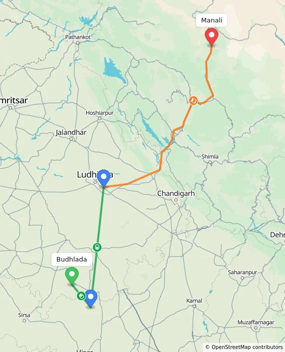 Route map showing distance and travel time from Budhlada, India to Manali, India