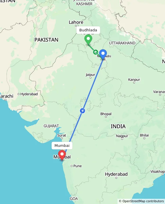 Route map showing distance and travel time from Budhlada, India to Mumbai, India