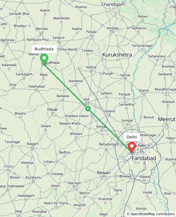 Route map showing distance and travel time from Budhlada, India to Delhi, India