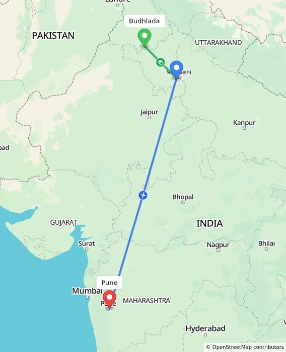 Route map showing distance and travel time from Budhlada, India to Pune, India