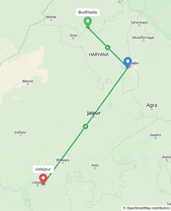 Route map showing distance and travel time from Budhlada, India to Udaipur, India