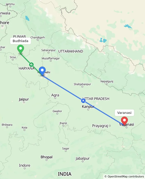 Route map showing distance and travel time from Budhlada, India to Varanasi, India