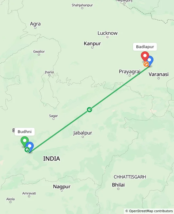 Route map showing distance and travel time from Budhni, India to Badlapur, India