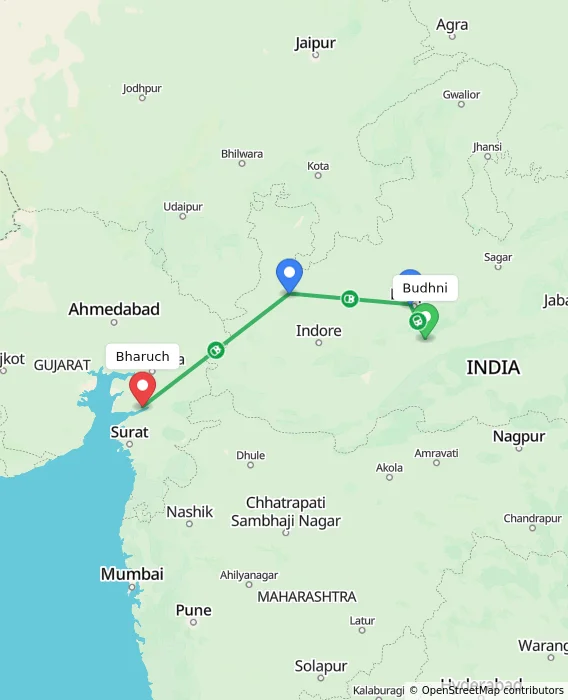 Route map showing distance and travel time from Budhni, India to Bharuch, India
