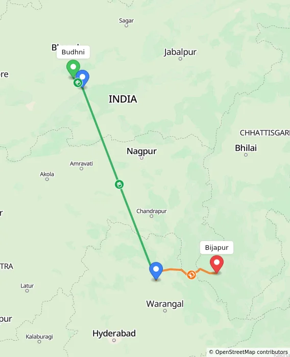 Route map showing distance and travel time from Budhni, India to Bijapur, India
