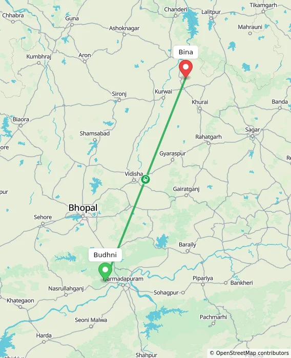 Route map showing distance and travel time from Budhni, India to Bina, India