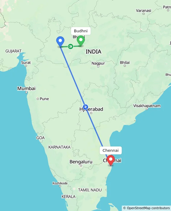 Route map showing distance and travel time from Budhni, India to Chennai, India