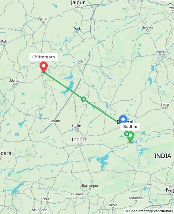 Route map showing distance and travel time from Budhni, India to Chittorgarh, India