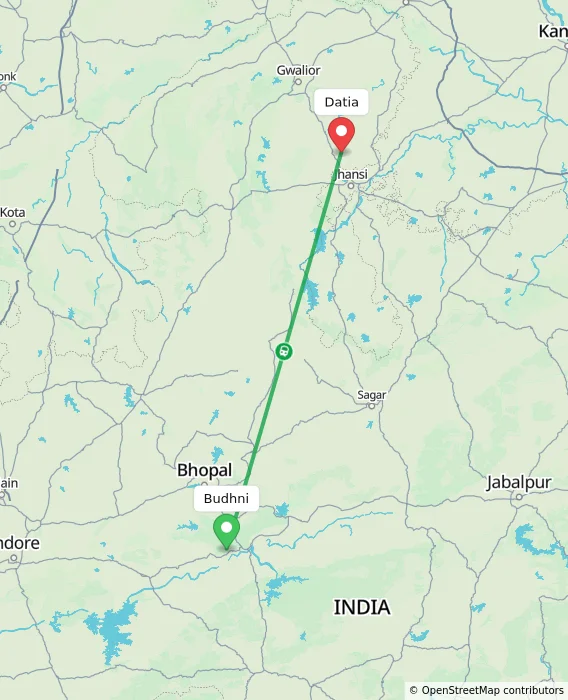 Route map showing distance and travel time from Budhni, India to Datia, India