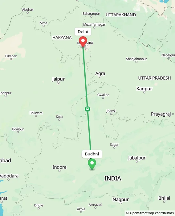 Route map showing distance and travel time from Budhni, India to Delhi, India