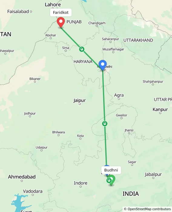 Route map showing distance and travel time from Budhni, India to Faridkot, India