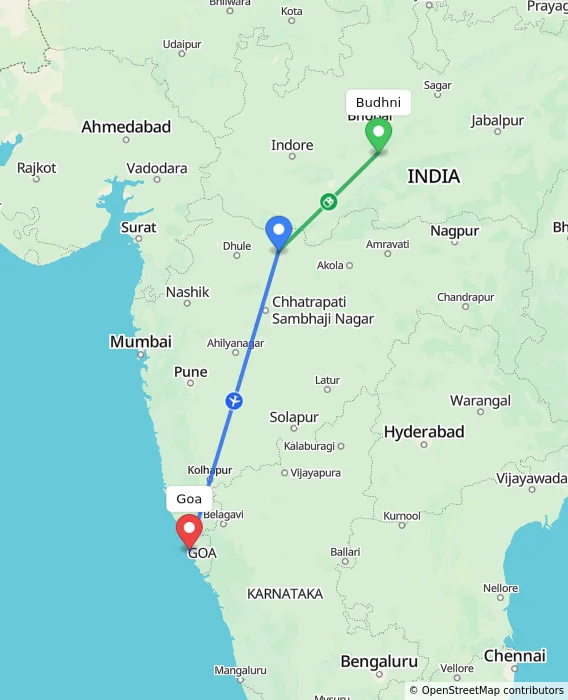 Route map showing distance and travel time from Budhni, India to Goa, India