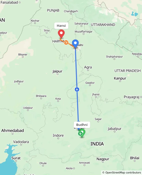 Route map showing distance and travel time from Budhni, India to Hansi, India
