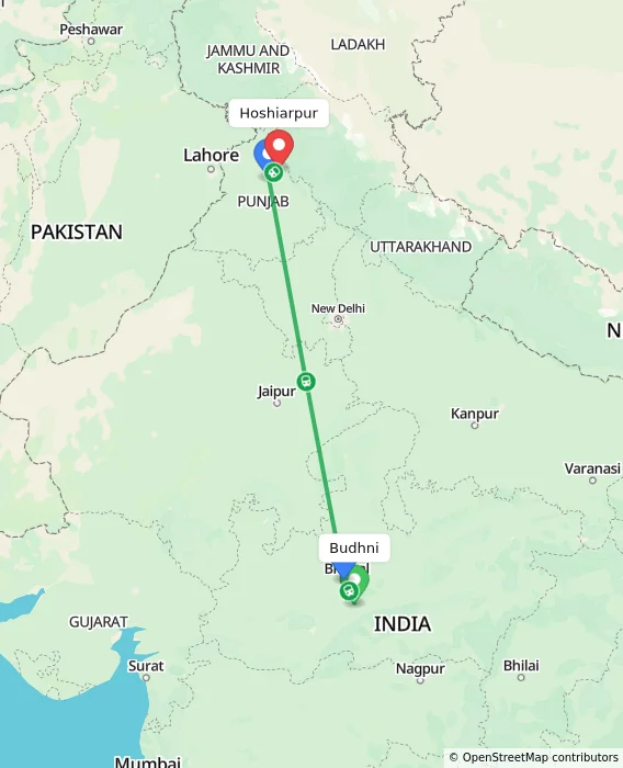 Route map showing distance and travel time from Budhni, India to Hoshiarpur, India