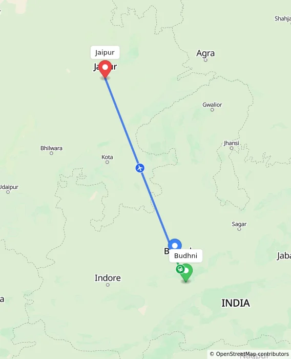 Route map showing distance and travel time from Budhni, India to Jaipur, India