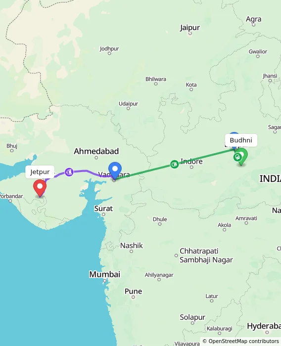 Route map showing distance and travel time from Budhni, India to Jetpur, India