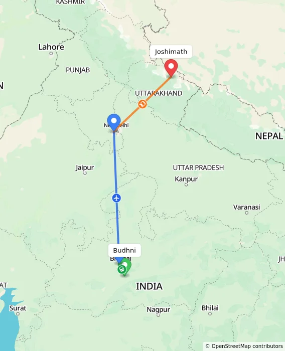 Route map showing distance and travel time from Budhni, India to Joshimath, India
