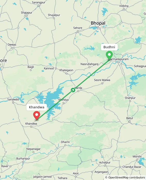 Route map showing distance and travel time from Budhni, India to Khandwa, India
