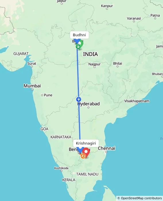 Route map showing distance and travel time from Budhni, India to Krishnagiri, India